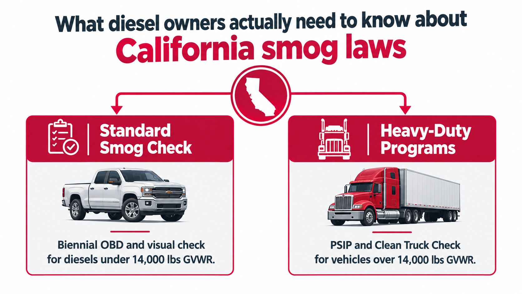 An infographic detailing California smog requirements for diesel vehicles based on their Gross Vehicle Weight Rating.