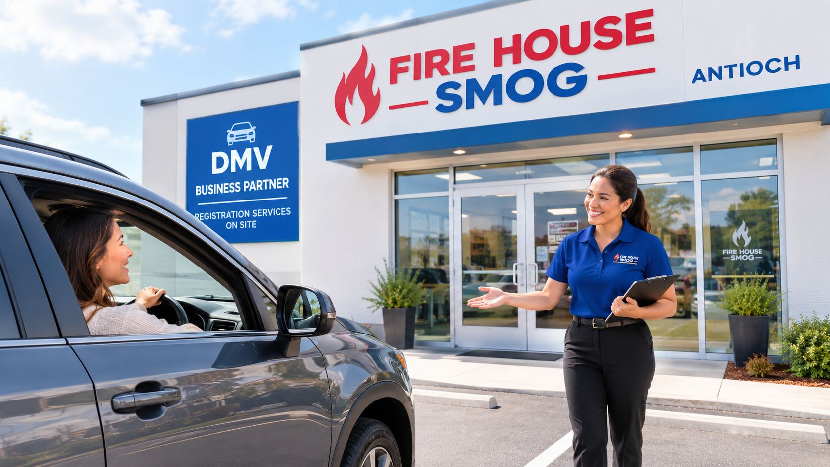 A friendly customer service representative greets a driver at a Fire House Smog facility offering DMV services.