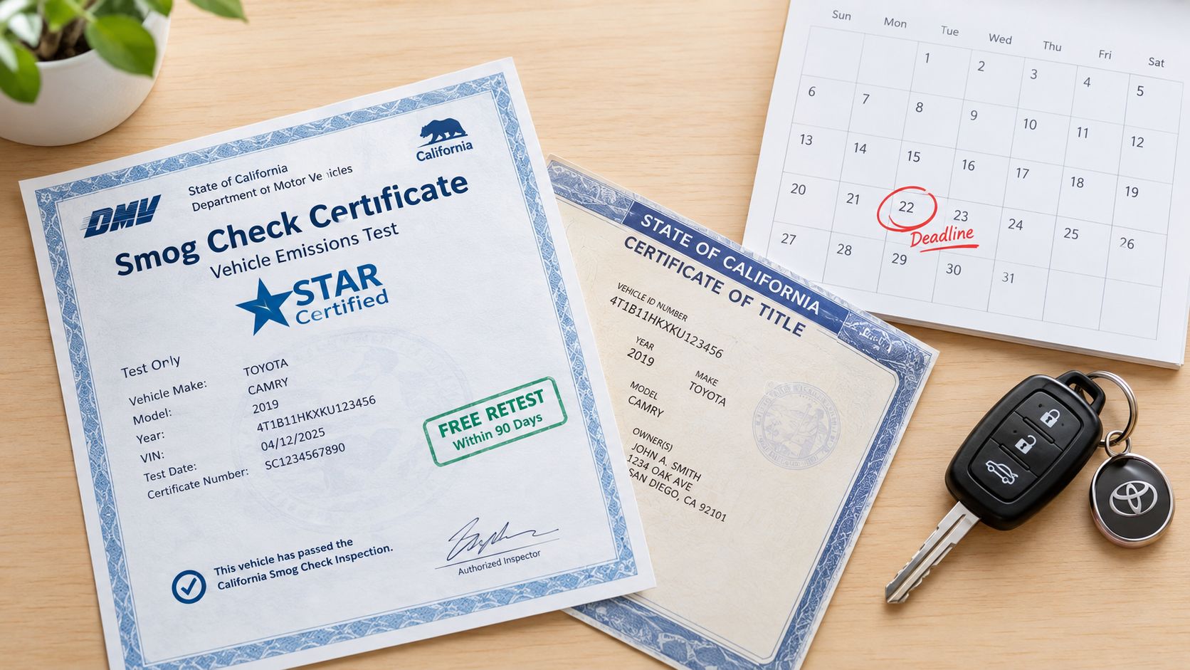 A Smog Check Certificate, vehicle title, car keys, and a calendar with a marked deadline on a table.