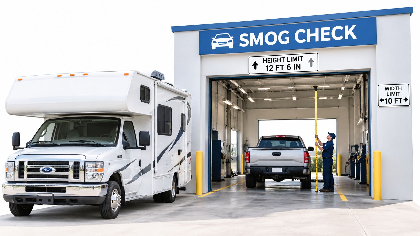 A technician measures a pickup truck at a professional drive-through vehicle smog check inspection station.