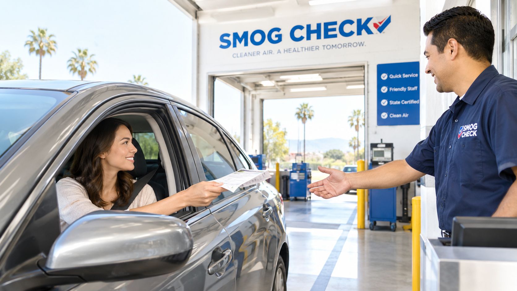 A smiling woman hands paperwork to a friendly technician at a professional drive-through smog check station.