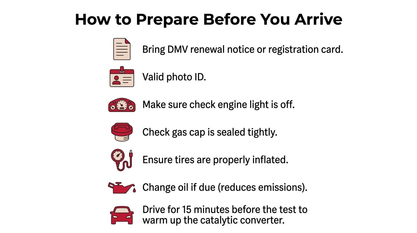 A checklist infographic outlining steps to prepare a vehicle for an emissions test appointment.
