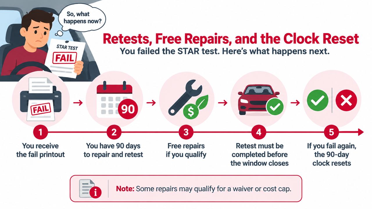 A flowchart explaining the steps to take after failing a California STAR smog emissions test.