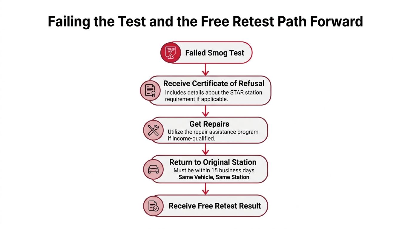 A flow chart illustrating the steps to follow after failing a California smog test for a free retest.