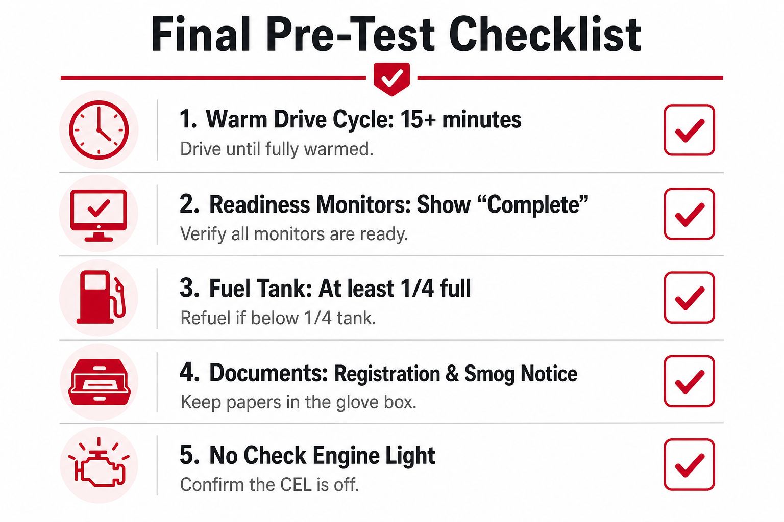 A checklist showing five essential steps to prepare a vehicle for a smog emissions test inspection.