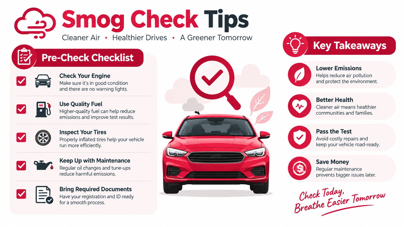 An infographic titled Smog Check Tips providing a pre-check checklist and key takeaways for vehicle owners.