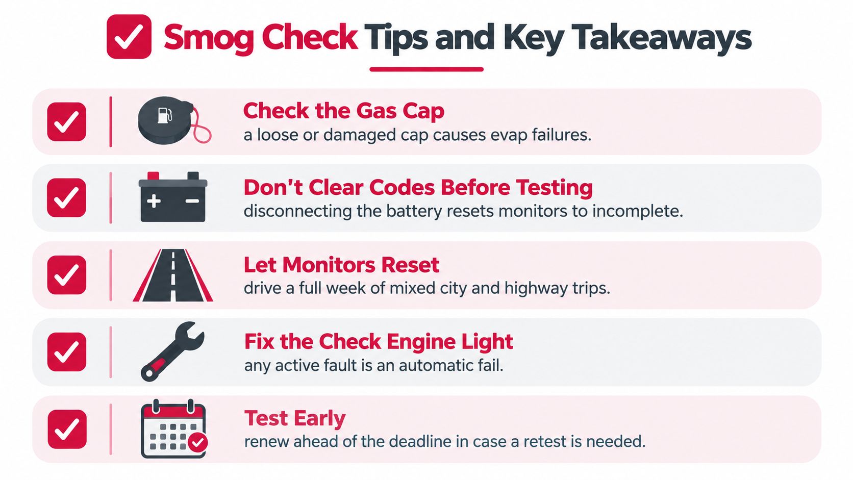 An infographic titled Smog Check Tips and Key Takeaways with five essential advice points for passing inspections.