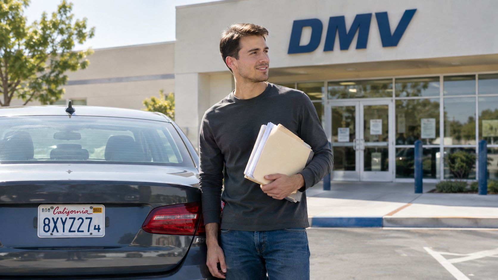 A man holding a folder of documents stands outside a DMV office next to his parked car.