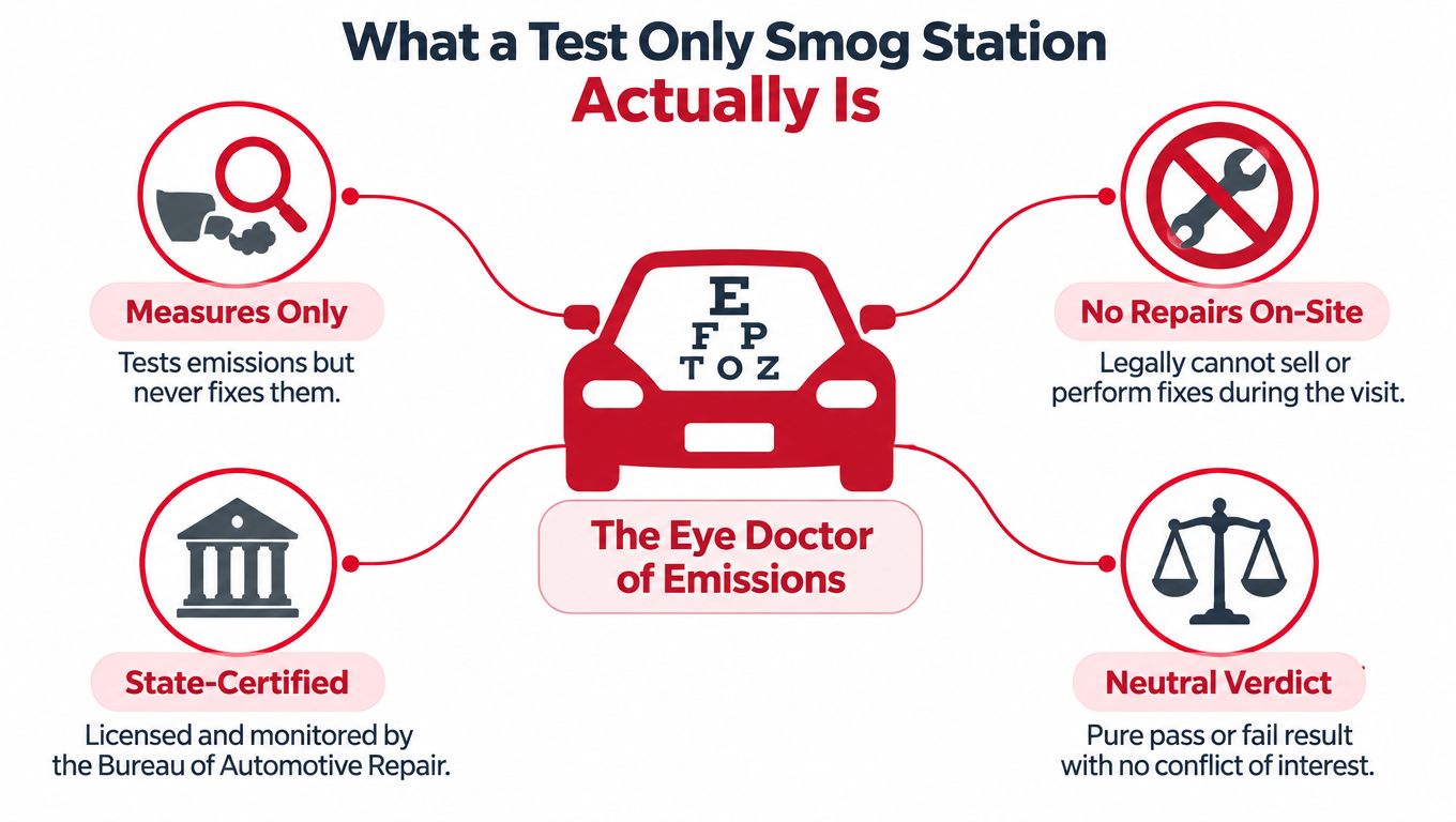 An infographic explaining that a Test Only smog station strictly tests vehicle emissions without performing repairs.