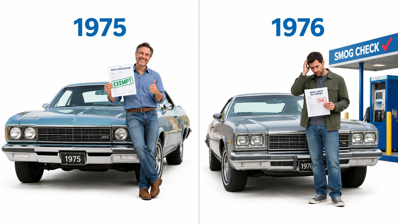 A split image showing a happy man with a 1975 exempt car and a sad man with a 1976 smog failure.