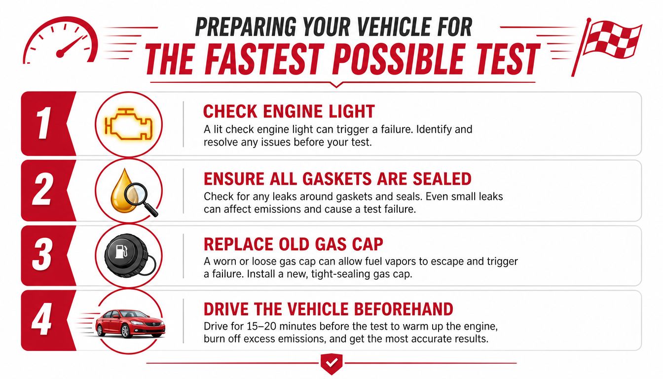 An infographic showing four steps to prepare a vehicle for a quick emissions test.