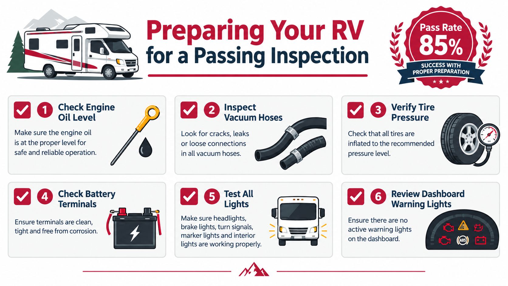 An infographic showing six essential maintenance steps for preparing an RV for a passing inspection.
