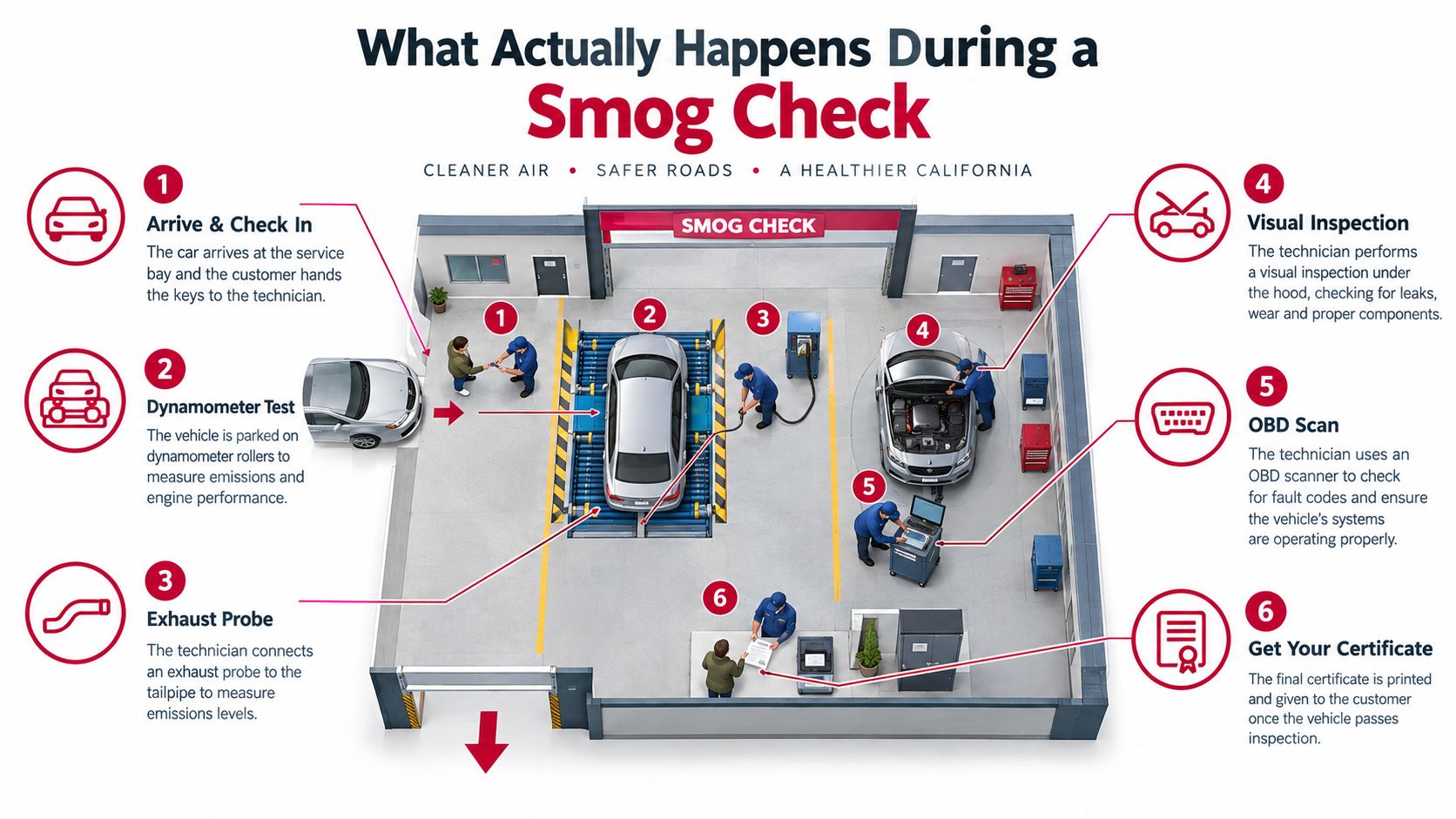 An infographic illustration showing the six-step process involved in a professional vehicle smog check procedure.