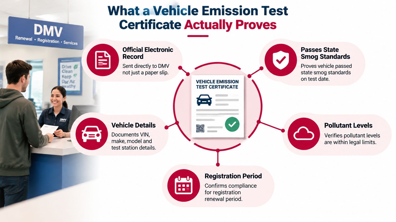 An infographic explaining the five key components of a vehicle emission test certificate at the DMV.