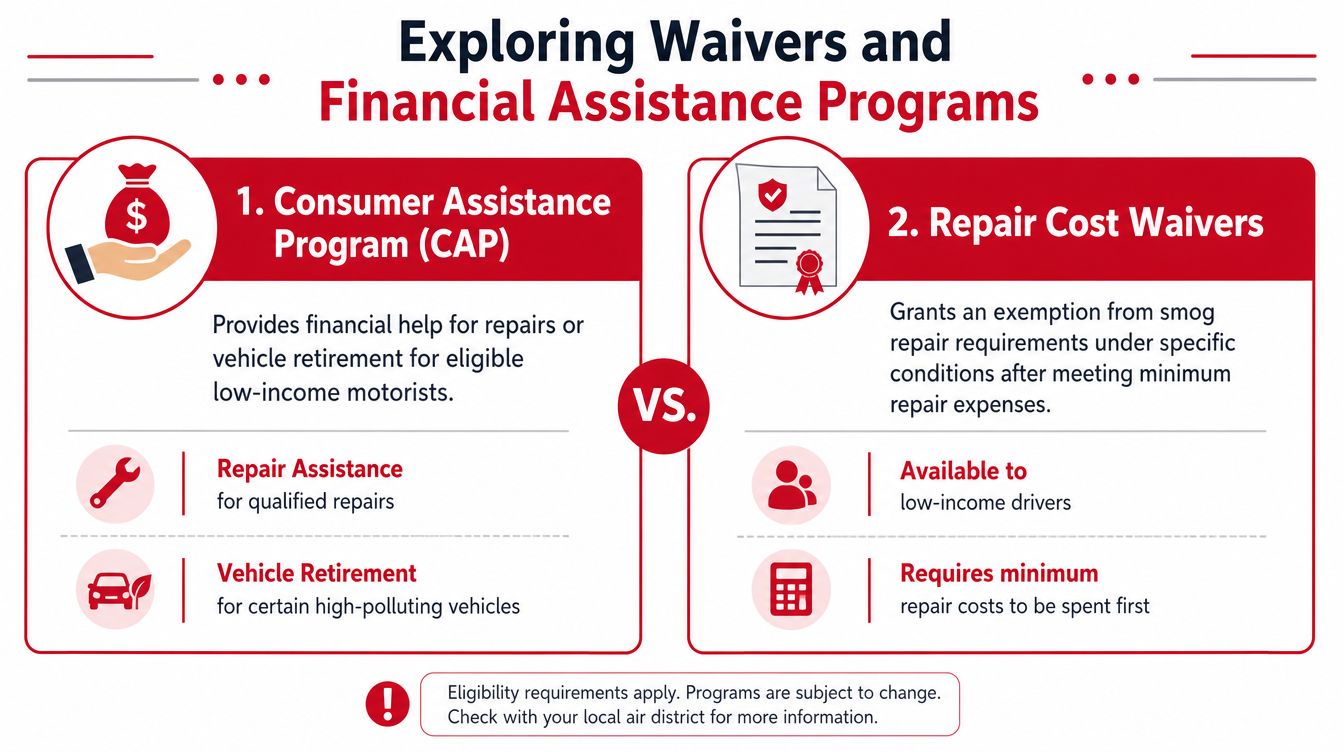 An infographic comparing the Consumer Assistance Program and Repair Cost Waivers for drivers who fail smog tests.