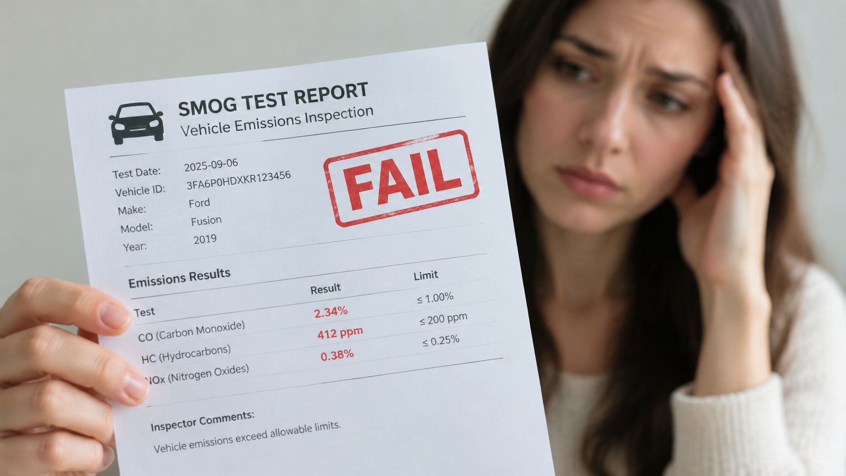 A distressed woman holding a document showing that her Ford Fusion failed a vehicle emissions smog test.