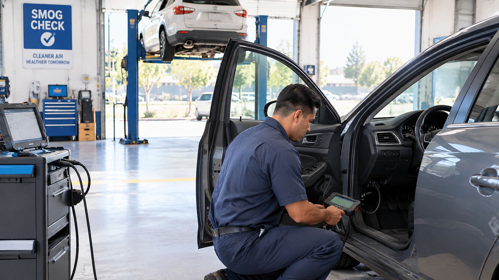 A professional mechanic in a blue uniform conducts an auto diagnostic test inside a vehicle repair shop.