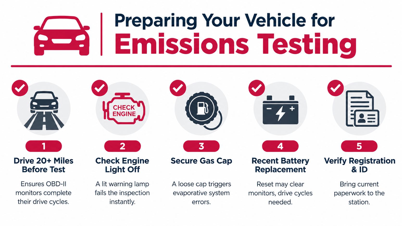 A five-step infographic showing how to prepare your vehicle for an official emissions testing inspection.