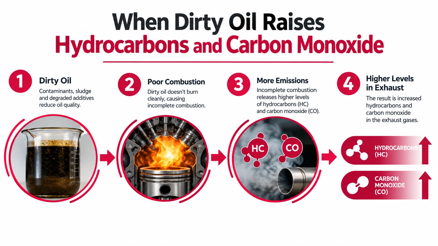 A diagram illustrating how dirty engine oil causes poor combustion and increases hydrocarbon and carbon monoxide emissions.