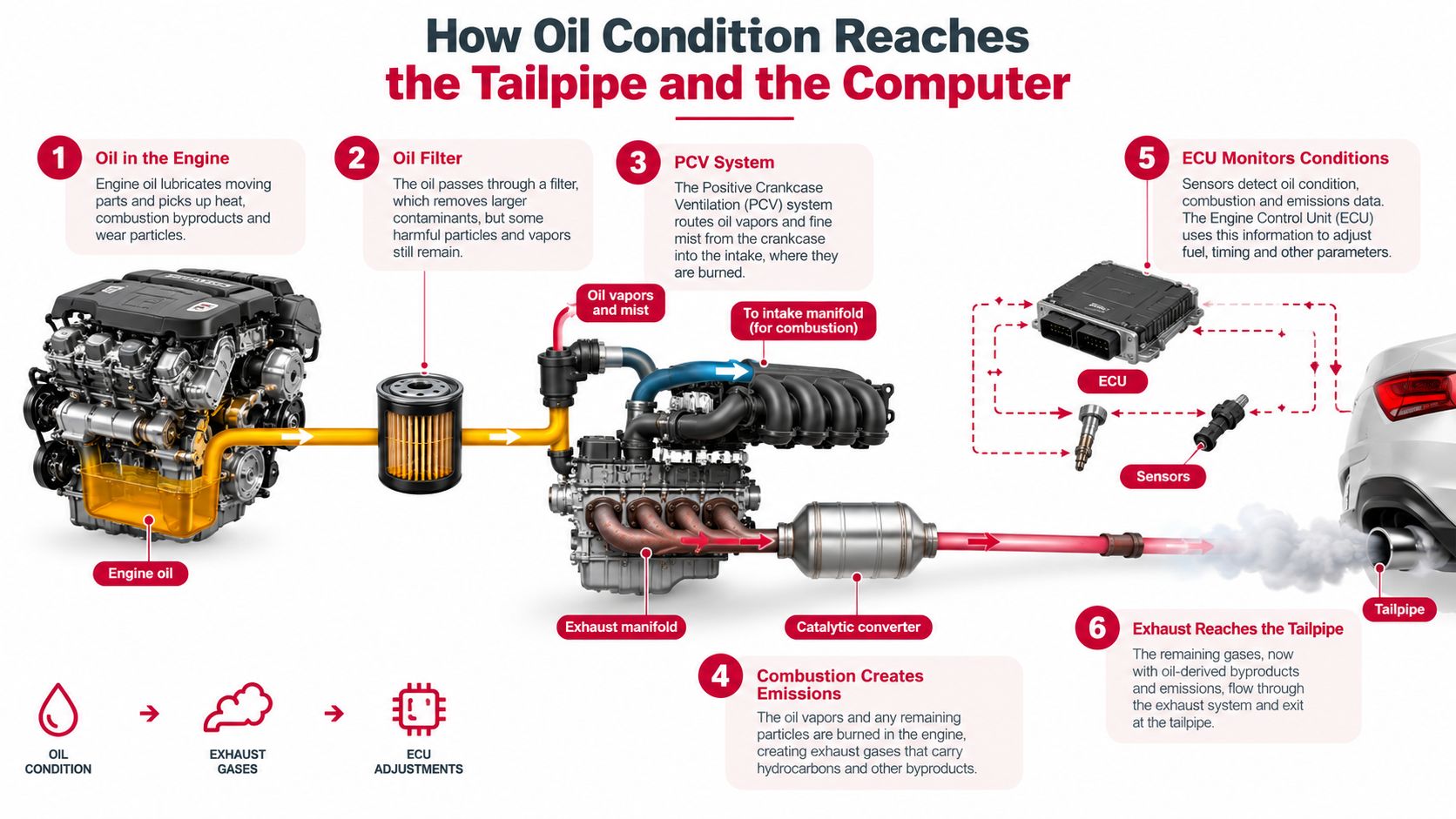 A diagram illustrating how engine oil condition influences combustion emissions, exhaust gases, and vehicle computer monitoring systems.