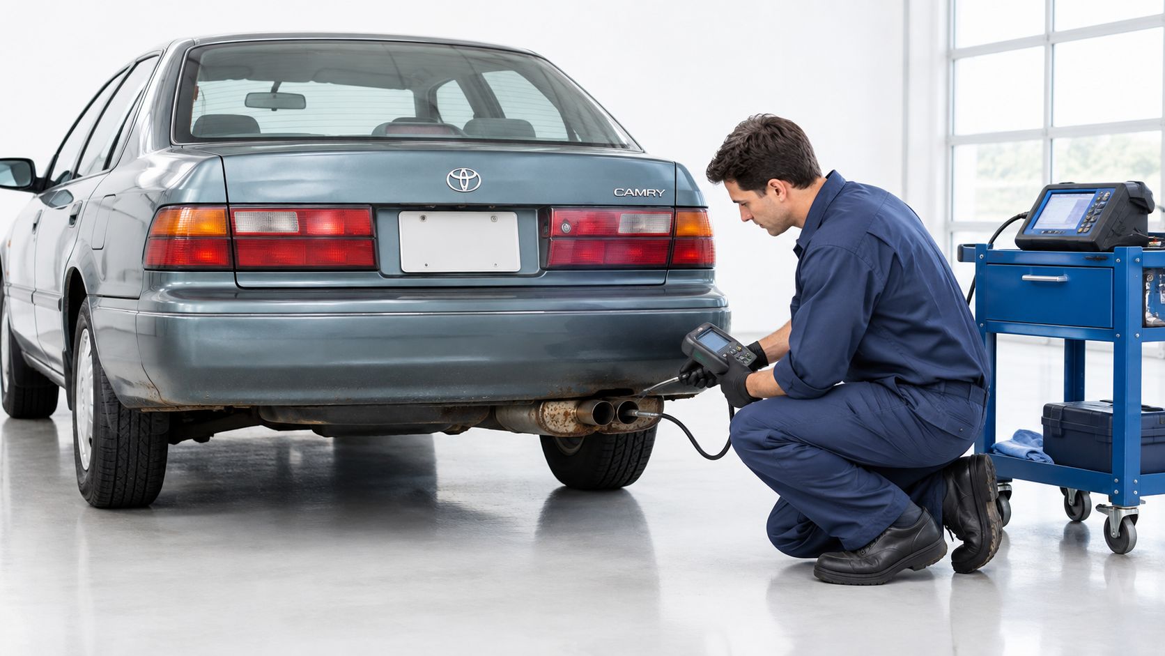 A professional mechanic in a blue uniform conducts an emissions test on a Toyota Camry exhaust pipe.