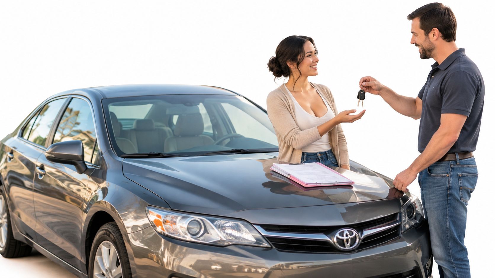 A car dealer handing car keys to a happy woman after a vehicle ownership transfer service transaction.