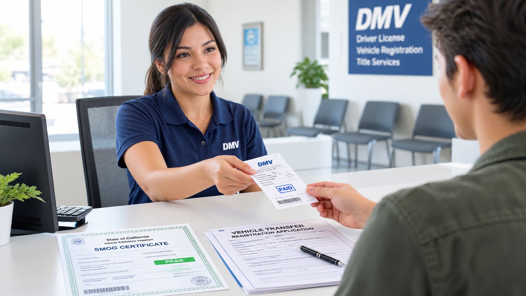 A smiling DMV clerk hands a paid receipt to a customer at a service desk.