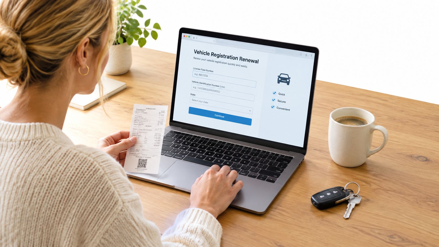 A woman uses a laptop to renew her vehicle registration online while holding a printed receipt.