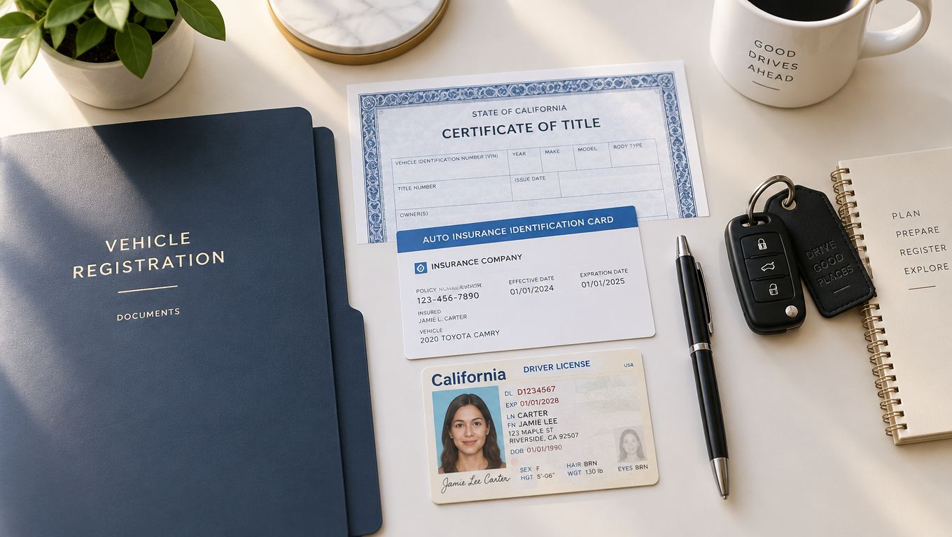 Vehicle registration and insurance documents arranged neatly on a desk with a car key and driver license.